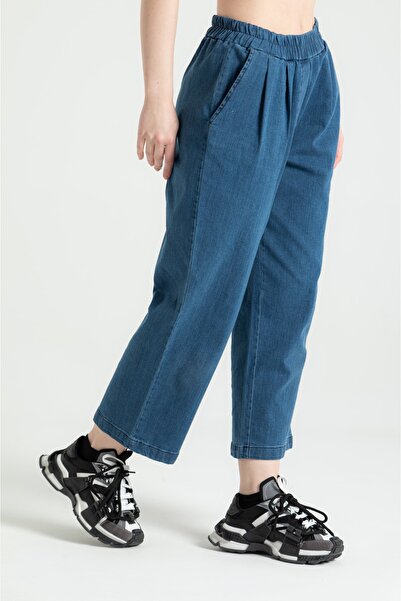 RUBYSTARS Mavi Salaş Kesim Beli Lastikli Ön Pile Detay Lavados Ince Kot Pantolon