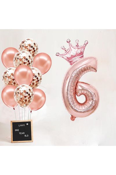 Patladı Gitti 6 Number Rose Gold Foil Balloon, Rose Gold Balloon with King's Crown and Confetti