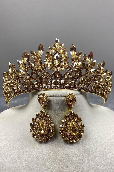 FdayAksesuar Set de coroană de mireasă și cercei cu piatră prețioasă Henna, c...