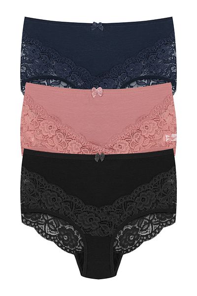 HNX 3-Piece Cotton Front Back V Lace High Waist Plus Size Women's Panties