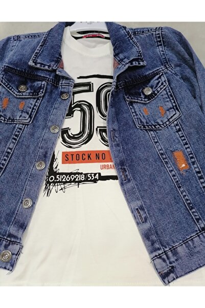 yavrucak kıds طقم للأولاد مكون من 3 قطع مع سترة من قماش الدنيم الأزرق وبنطلون...