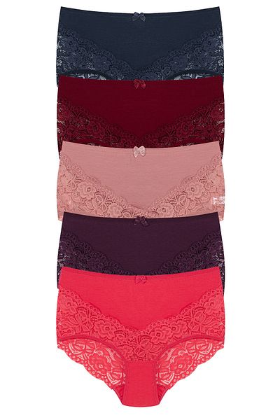 HNX 5-Piece Cotton Front Back V Lace High Waist Plus Size Women's Panties