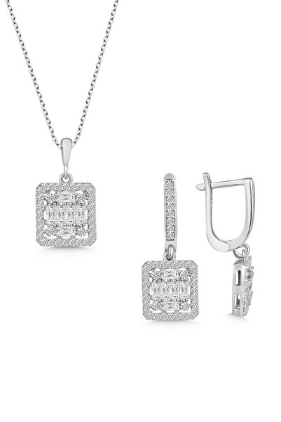 Silvano Jewelry 925 Ayar Gümüş Baget Taşlı Kolye Küpe Seti