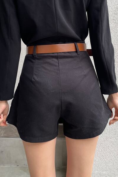 Trend Alaçatı Stili Kadın Siyah Beli Kemerli Pileli Gabardin Şort Etek ALC-X9996