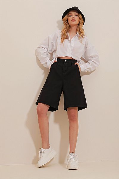 Trend Alaçatı Stili Pantaloni scurți din denim bermude cu talie înaltă neagră pentru femei ALC-X8174