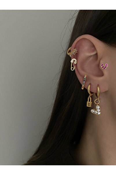 Okkostore Taşlı Kalp Kilit Detaylı 3'lü Küpe