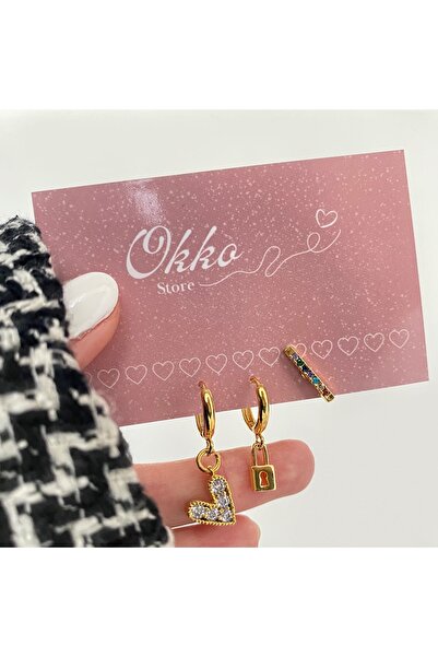 Okkostore Taşlı Kalp Kilit Detaylı 3'lü Küpe