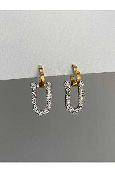 Owentis أقراط متدلية من الفولاذ المقاوم للصدأ بحجر ذهبي مرس موديل - لا تشويه -