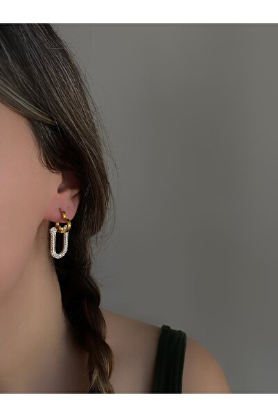 Owentis أقراط متدلية من الفولاذ المقاوم للصدأ بحجر ذهبي مرس موديل - لا تشويه -