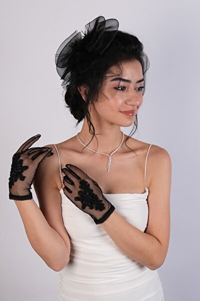 Limelia Μαύρη δαντέλα Floral νυφικά γάντια και νυφικό καπέλο