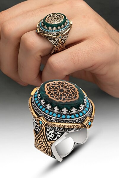 ALYANSEVİM Selçuklu Motifli Kehribar Taşlı 925 Gümüş Erkek Yüzük