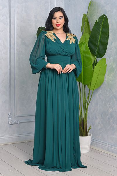 Matik Abiyem Chiffon Design V Off-Shoulder Flower Accessory Sleeves Long Balloon Transparent Long Evening Dress