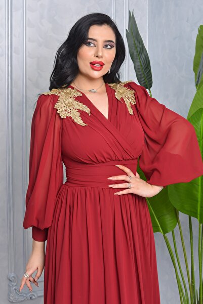 Matik Abiyem Şifon Tasarım V Dekolteli Omuzları Çiçek Aksesuarlı Kolları Uzun Balon Transparan Uzun Abiye