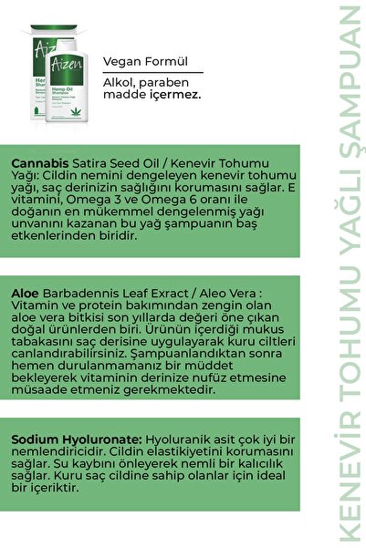 AIZEN COSMETIC Kenevir Özlü Şampuan 400 Ml Saç Dökülmesi - Kepek Önleyici - Besleyici - Korucuyu - Onarıcı Shampoo