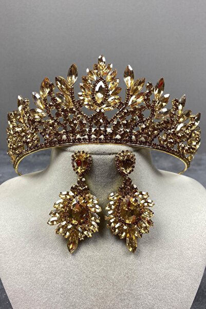 FdayAksesuar Set de coroană de mireasă și cercei de seară cu piatră Henna, cu...