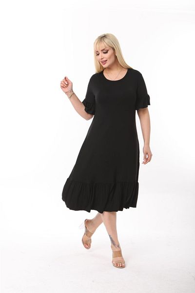 Mezura Plus Size Knee Length Sleeve and Skirt Ruffle Detailed Stylish Pocketed Viscose Combed Cotton Dress