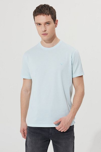 AC&Co / Altınyıldız Classics Pánské tyrkysově bílé žakárové tričko Slim Fit Slim Fit Crew Neck Easy-Iron