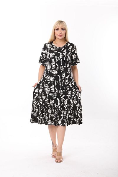 Mezura Plus Size Knee Length Sleeve and Skirt Ruffle Detailed Stylish Pocketed Viscose Combed Cotton Dress
