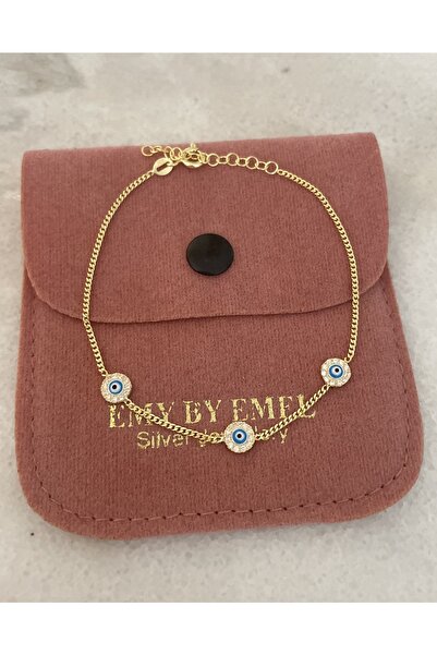 emy by emel luxury silver jewelry Altın Kaplama Taşlı Üç Nazar Boncuklu Bilek...
