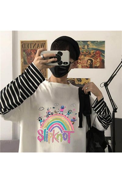 Touz Slipknot Rainbow Printed Unisex Λευκό T-shirt - Ψεύτικα μανίκια