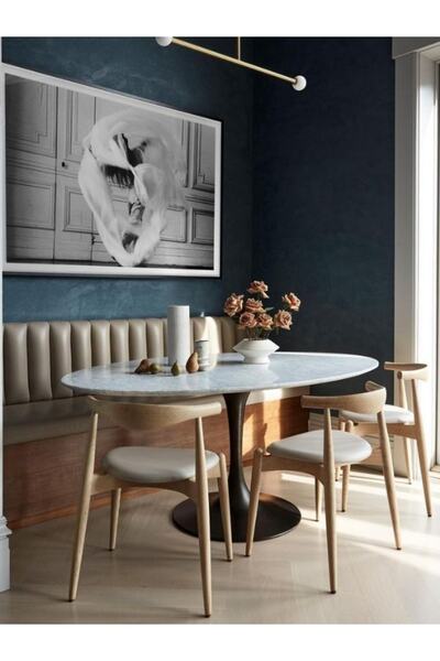 Evka Tulip Siyah Masa 130 Çap Beyaz Mermer, Yemek Masası, Mutfak Masası