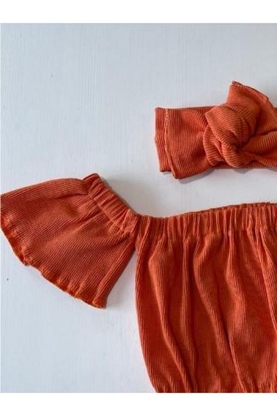 özge başaran Girl's, Lycra Leather Bow Detailed Trousers, Orange Strapless Crop Blouse and Headband Set.