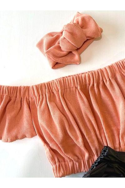 özge başaran Kids, Lycra Leather Bow Detailed Trousers, Salmon Color Strapless Crop Blouse and Headband Set.