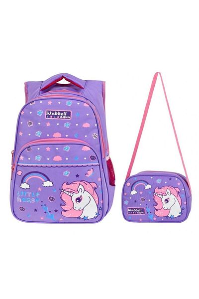 Puzmo Waddellbag - Rucsac pentru școală primară cu model unicorn violet și geantă de prânz pentru fată