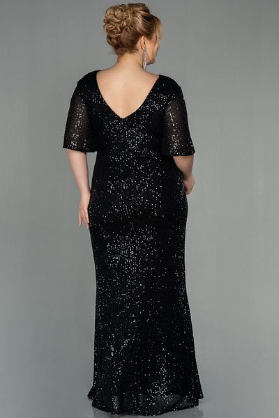 Abiyefon Black Short Sleeve Long Sequin Plus Size Evening Dress Abu2796