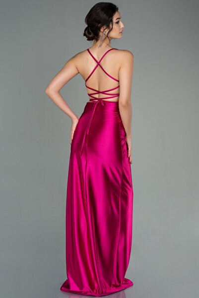 Abiyefon Fuşya Sırt Dekolteli Yırtmaçlı Uzun Saten Abiye Abu2800