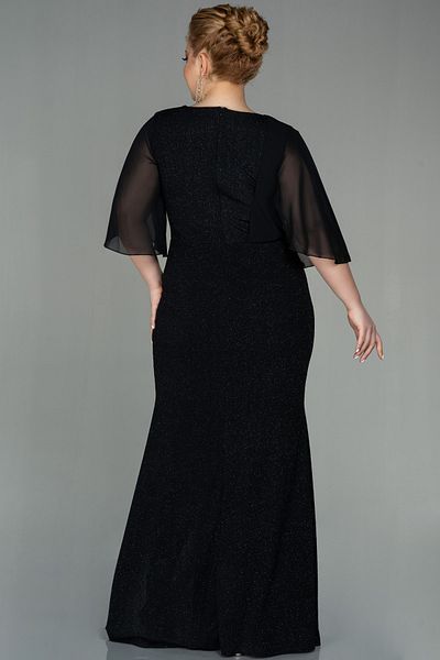 Abiyefon Black Short Sleeve Long Glitter Plus Size Evening Dress Abu2857