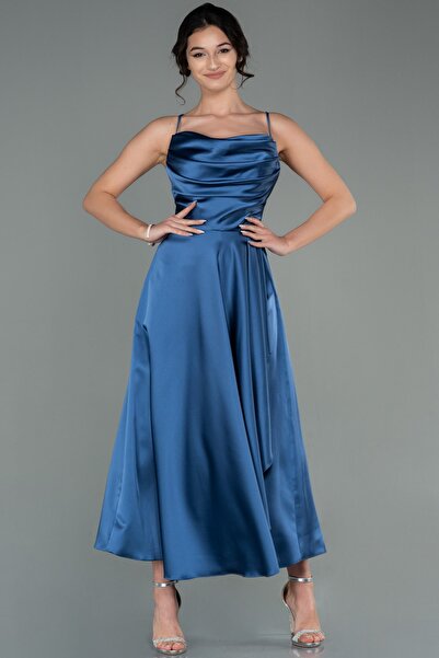 Abiyefon Indigo Göğüs Drapeli Midi Saten Abiye Abk1586