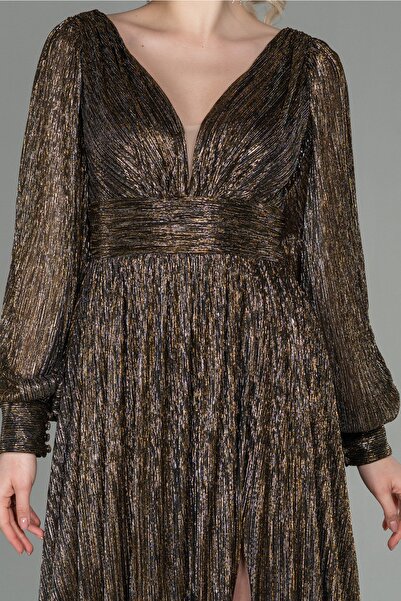 Abiyefon Bakır Uzun Kol Bacak Dekolteli Simli Abiye Elbise Abu2905