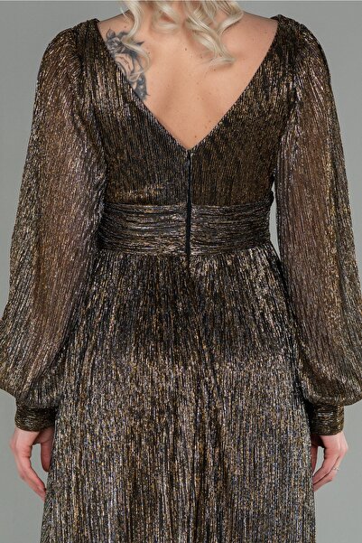 Abiyefon Bakır Uzun Kol Bacak Dekolteli Simli Abiye Elbise Abu2905