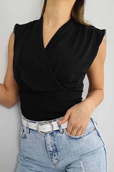 LACHT Kadın Siyah Kolsuz Vatkalı Omuz Detaylı Kruvaze Bluz