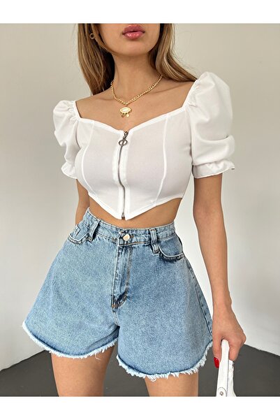 LB Laluna Butik Γυναικείο τζιν σορτς με φούντα με ψηλόμεσο πόδι