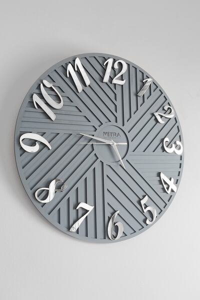 Mitra Dekor Geometrik Çizgili - Grafiti Gri & Gümüş - 50cm Duvar Saati
