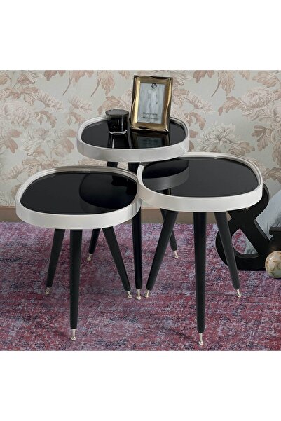Grande Home 3'lü Siyah Aynalı Yuvarlak Zigon Sehpa Beyaz Çerçeveli Ahşap Lüx ...