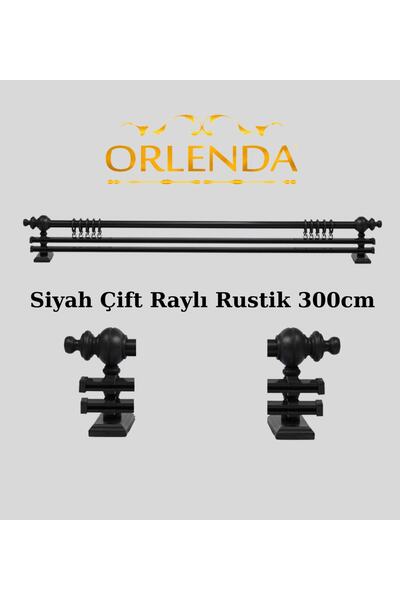 Orlenda Suport pentru perdea rustic din aluminiu cu cap din lemn, șină dublă 300 cm