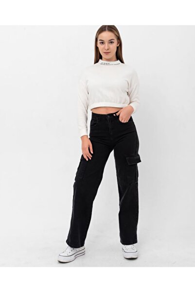 LİMABEL Visok struk Crne farmerke širokih nogavica Cargo farmerke