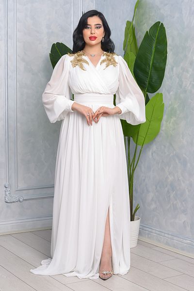 Matik Abiyem Chiffon Design V Off-Shoulder Flower Accessory Sleeves Long Balloon Transparent Long Evening Dress