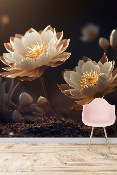 Dekoros Tek Parça 3d Büyüleyici Altın Kaplamalı Beyaz Lotus Çiçeği Poster Duvar Kağıdı - Kolay Montaj