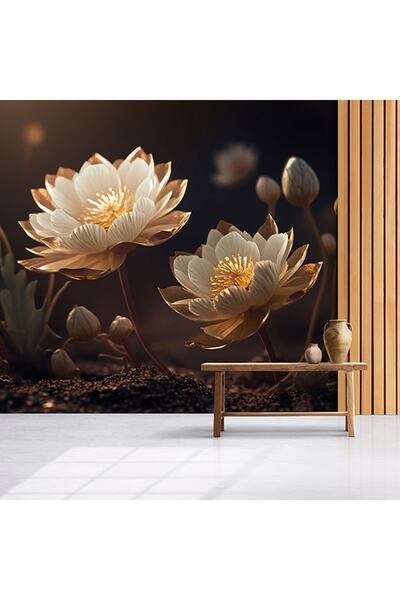 Dekoros Tek Parça 3d Büyüleyici Altın Kaplamalı Beyaz Lotus Çiçeği Poster Duvar Kağıdı - Kolay Montaj