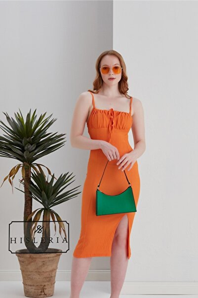 Hisleria Summer Summer Front Tie Slit Detail Midi Dress - Orange