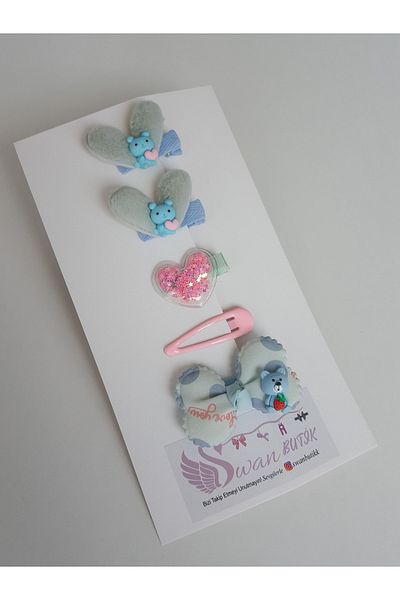 swan butik Girl's Baby Buckle Set Bow Plush Tong Buckles 5 Pieces Blue Pink
