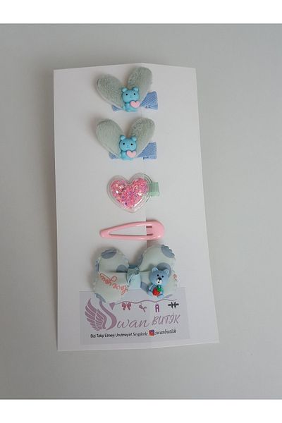 swan butik Girl's Baby Buckle Set Bow Plush Tong Buckles 5 Pieces Blue Pink