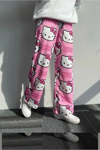 STREETFASHION Pantaloni de sport cu picioare largi de pisică Hello Kitty roz