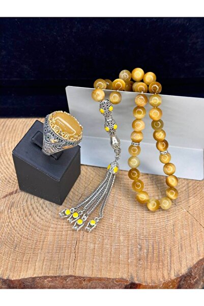 Senin Silver Sarı Yemen Akik Taşlı 925 Ayar Yüzük Ve Yemen Akik Taşlı Tesbih