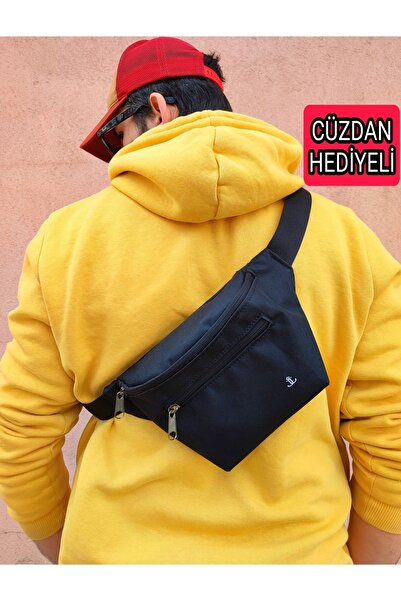 JANJAN Unisex Siyah Omuz Ve Bel Çantası Cüzdan Hediyeli