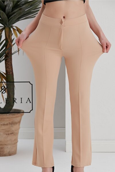 Hisleria High Waist Lycra Body-hugging Rib Stitched Trousers - Beige